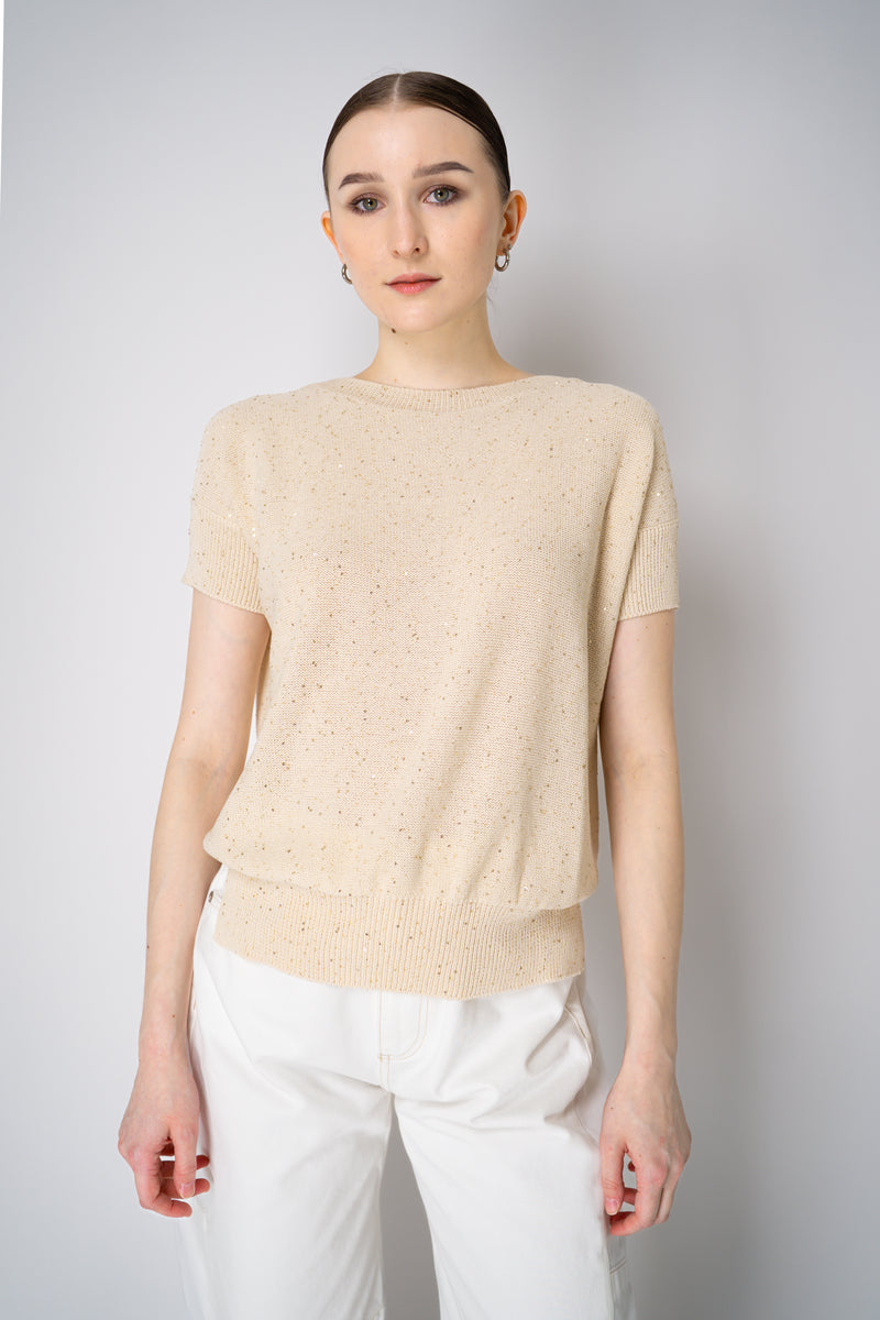 Lorena Antoniazzi Short Sleeve Knit Top with All Over Tonal Sequins in Gold Vancouver. Shop Online or in Store.