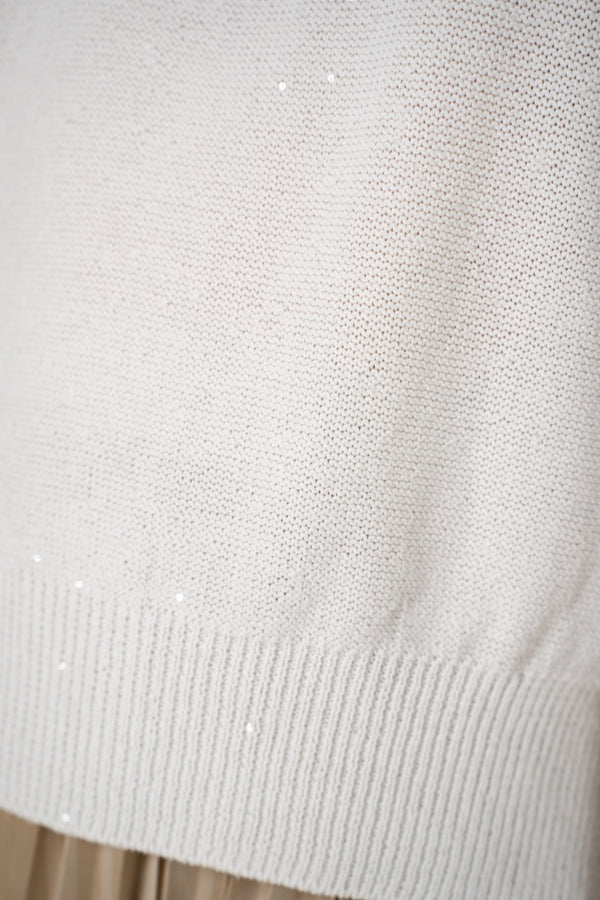 Lorena Antoniazzi Short Sleeve Knit Top with All Over Tonal Sequins in White Vancouver. Shop Online or in Store.