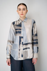 Lorena Antoniazzi Silk Button-Up Blouse in Abstract Navy and Silver Print Vancouver. Shop Online or in Store.