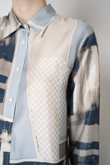 Lorena Antoniazzi Silk Button-Up Blouse in Abstract Navy and Silver Print Vancouver. Shop Online or in Store.