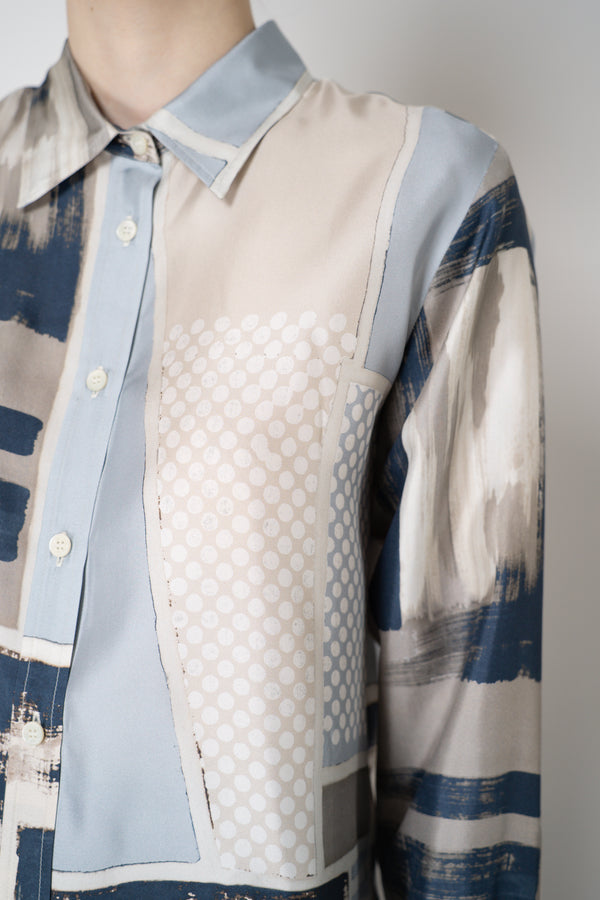 Lorena Antoniazzi Silk Button-Up Blouse in Abstract Navy and Silver Print Vancouver. Shop Online or in Store.