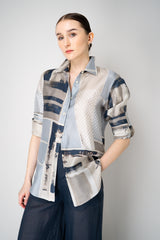 Lorena Antoniazzi Silk Button-Up Blouse in Abstract Navy and Silver Print Vancouver. Shop Online or in Store.