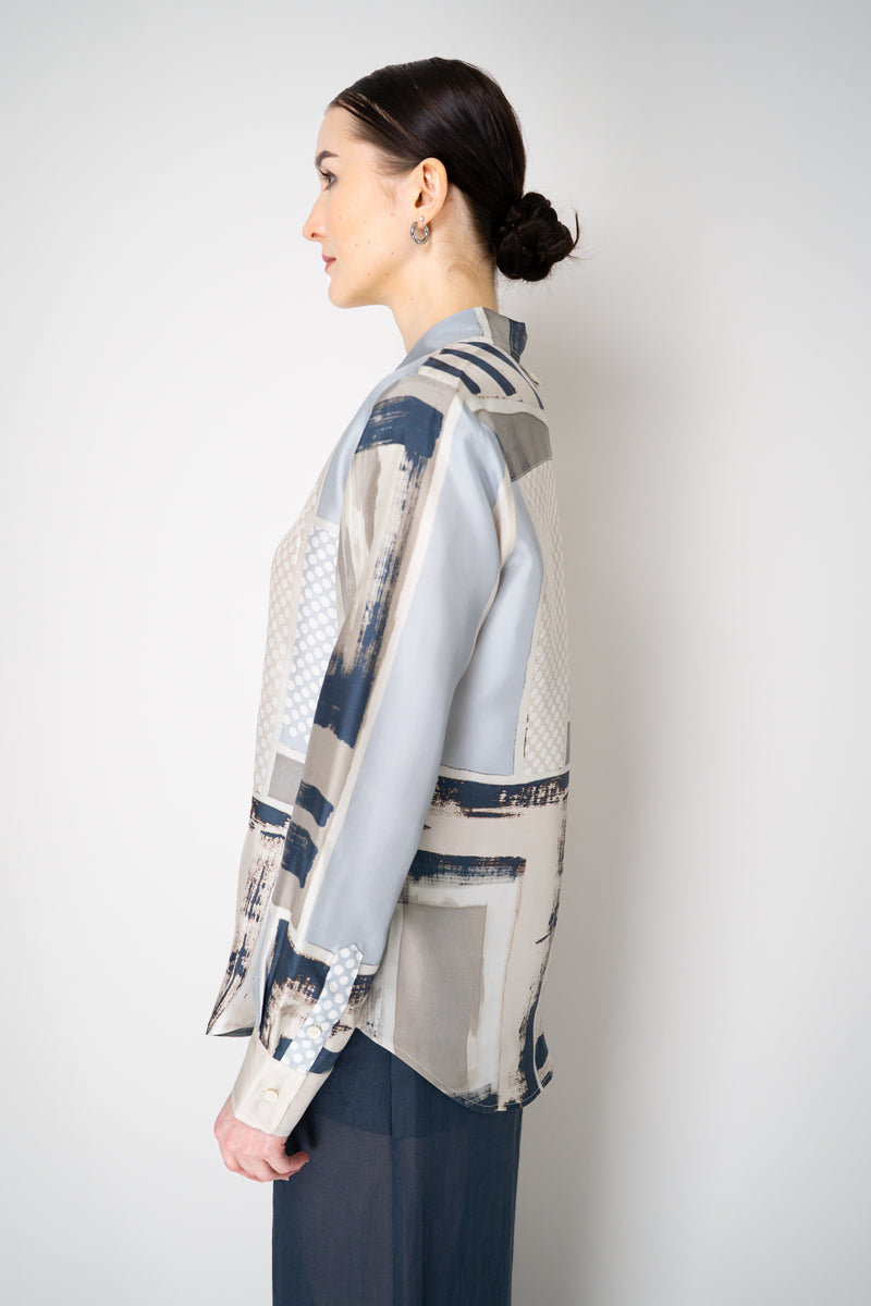Lorena Antoniazzi Silk Button-Up Blouse in Abstract Navy and Silver Print Vancouver. Shop Online or in Store.