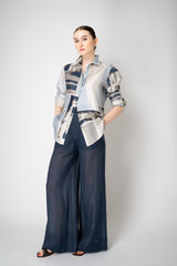 Lorena Antoniazzi Silk Button-Up Blouse in Abstract Navy and Silver Print Vancouver. Shop Online or in Store.