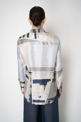 Lorena Antoniazzi Silk Button-Up Blouse in Abstract Navy and Silver Print Vancouver. Shop Online or in Store.