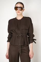 Lorena Antoniazzi Silk Cropped Cinched Jacket in Chocolate Brown Vancouver. Shop Online or in Store.