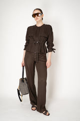 Lorena Antoniazzi Silk Cropped Cinched Jacket in Chocolate Brown Vancouver. Shop Online or in Store.