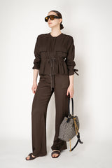 Lorena Antoniazzi Silk Cropped Cinched Jacket in Chocolate Brown Vancouver. Shop Online or in Store.