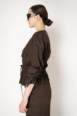 Lorena Antoniazzi Silk Cropped Cinched Jacket in Chocolate Brown Vancouver. Shop Online or in Store.