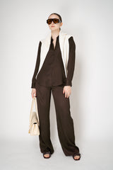 Lorena Antoniazzi Silk Straight Leg Trousers in Chocolate Brown Vancouver. Shop Online or in Store.