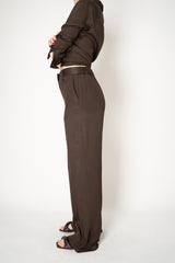 Lorena Antoniazzi Silk Straight Leg Trousers in Chocolate Brown Vancouver. Shop Online or in Store.