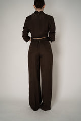 Lorena Antoniazzi Silk Straight Leg Trousers in Chocolate Brown Vancouver. Shop Online or in Store.