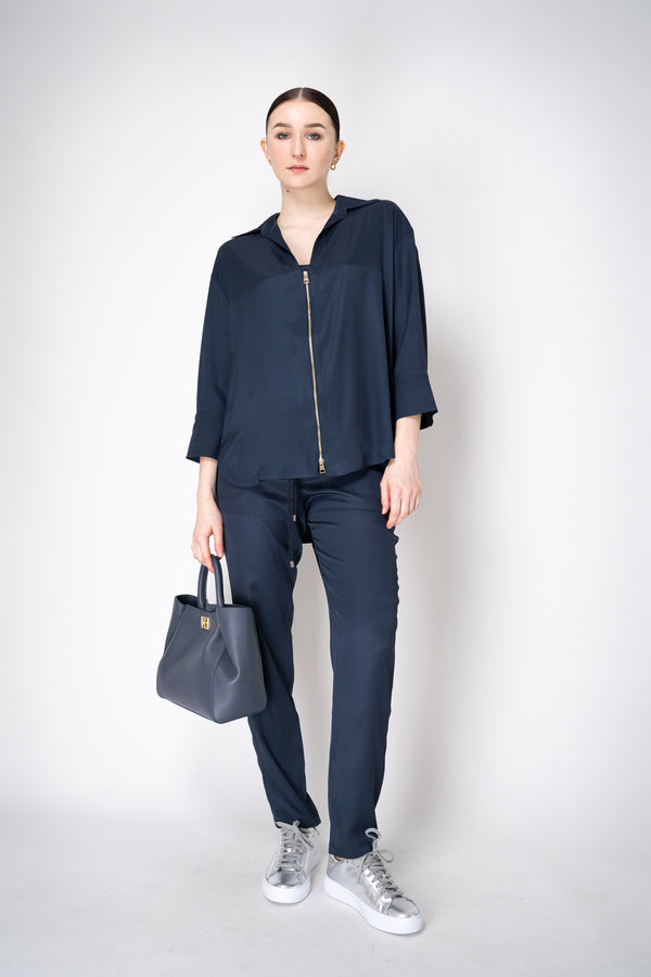 Lorena Antoniazzi Silk Twill Zip-Up Shirt Jacket in Navy Vancouver. Shop Online or in Store