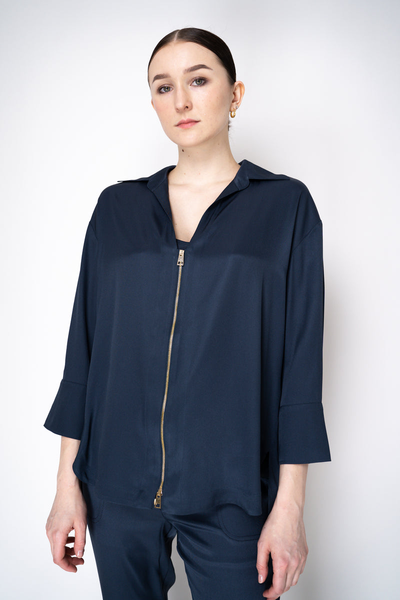 Lorena Antoniazzi Silk Twill Zip-Up Shirt Jacket in Navy Vancouver. Shop Online or in Store