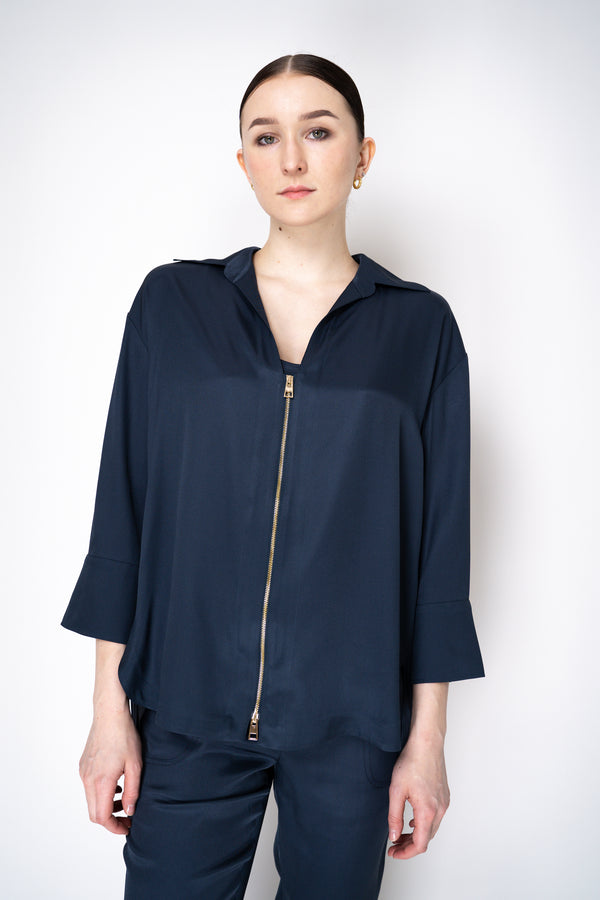 Lorena Antoniazzi Silk Twill Zip-Up Shirt Jacket in Navy Vancouver. Shop Online or in Store