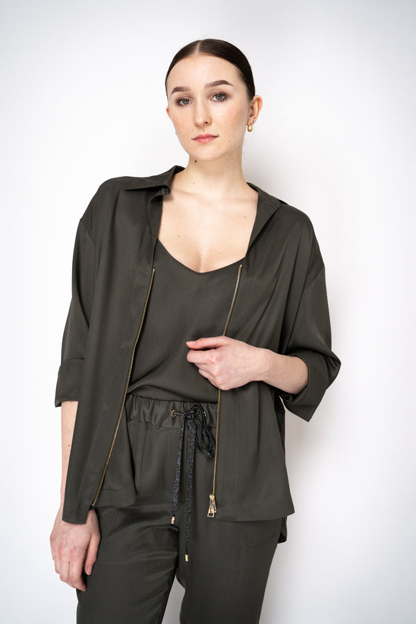 Lorena Antoniazzi Silk Twill Zip-Up Shirt Jacket in Olive Green Vancouver. Shop Online or in Store