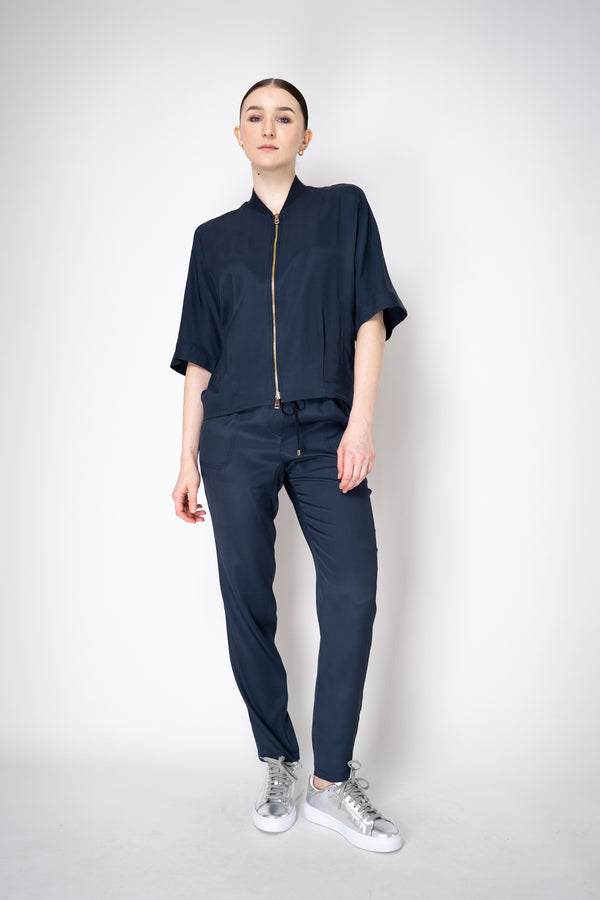 Lorena Antoniazzi Silk Viscose Short Sleeve Shirt Jacket in Navy Vancouver. Shop Online or in Store