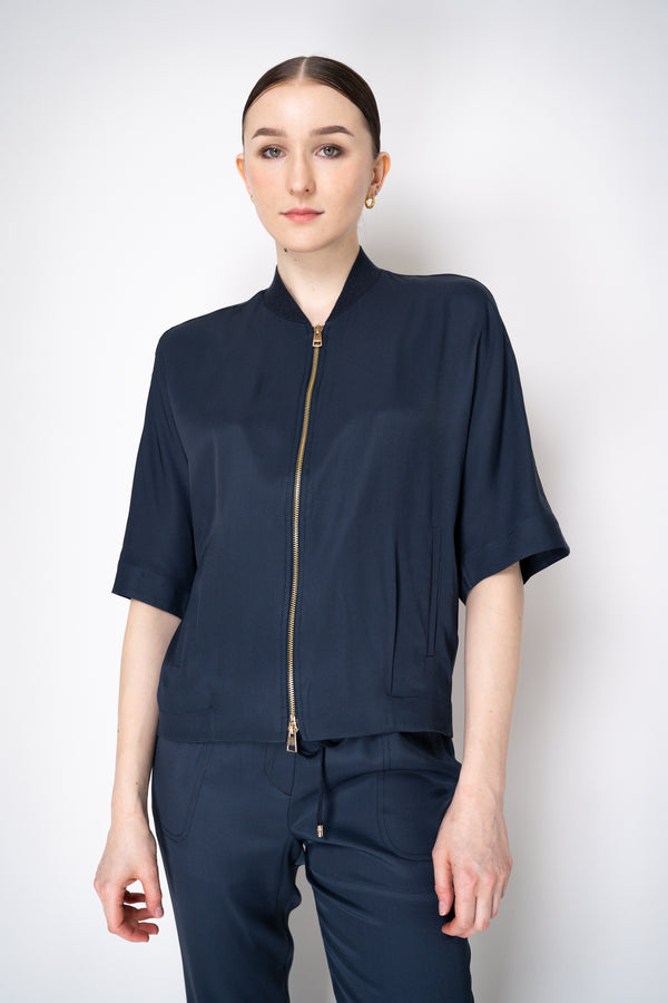 Lorena Antoniazzi Silk Viscose Short Sleeve Shirt Jacket in Navy Vancouver. Shop Online or in Store