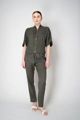 Lorena Antoniazzi Silk Viscose Short Sleeve Shirt Jacket in Olive Green Vancouver. Shop Online or in Store.