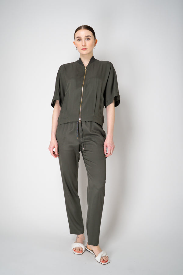 Lorena Antoniazzi Silk Viscose Short Sleeve Shirt Jacket in Olive Green Vancouver. Shop Online or in Store.