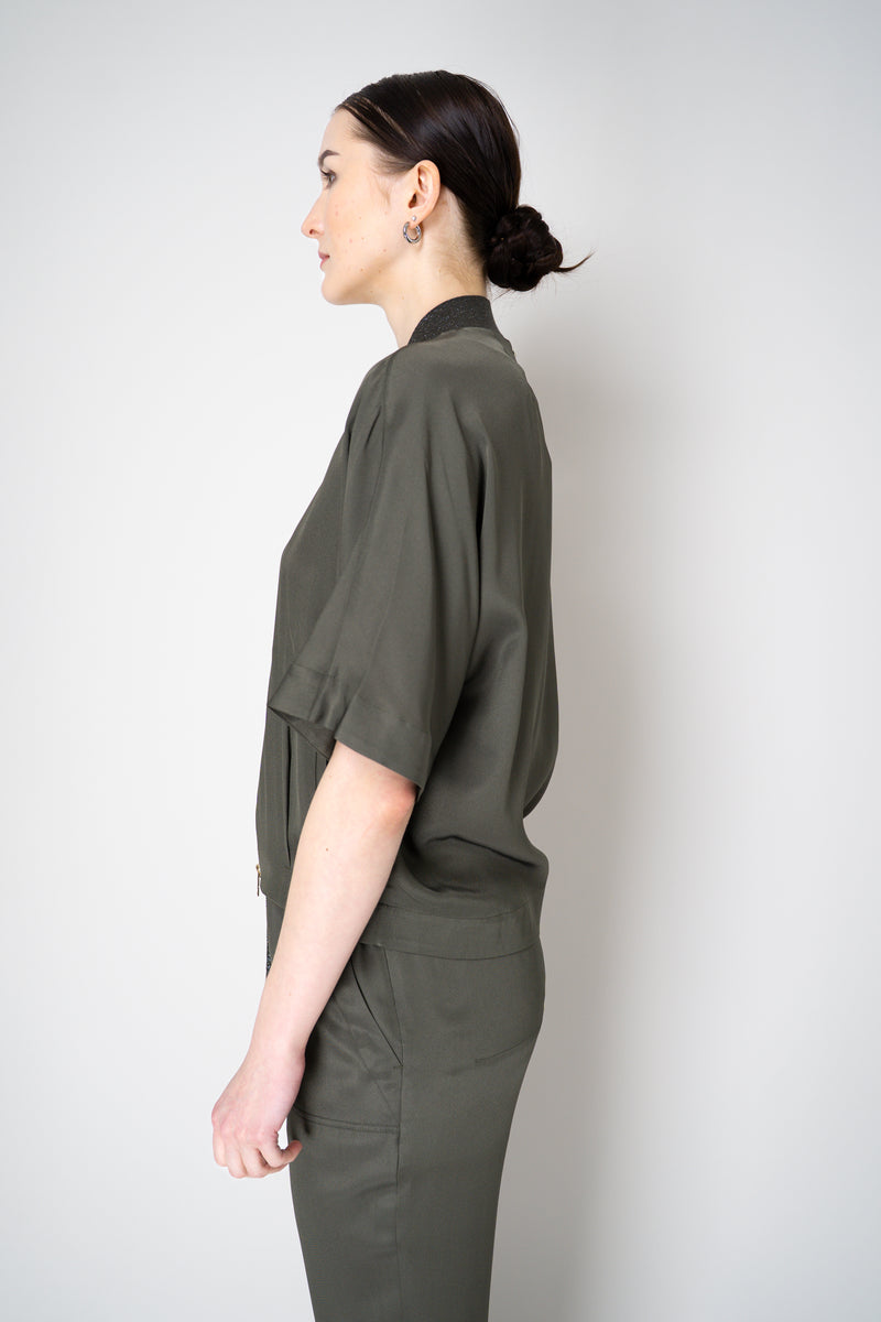 Lorena Antoniazzi Silk Viscose Short Sleeve Shirt Jacket in Olive Green Vancouver. Shop Online or in Store.