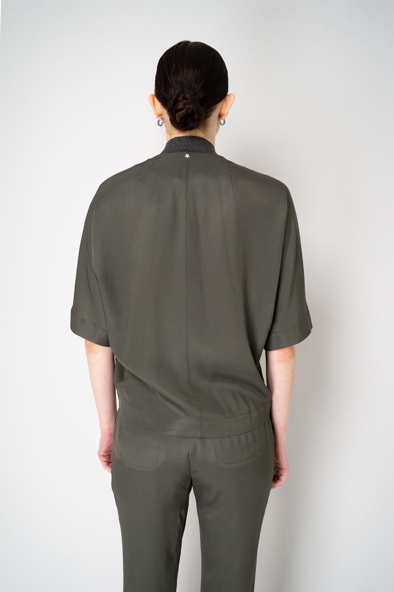 Lorena Antoniazzi Silk Viscose Short Sleeve Shirt Jacket in Olive Green Vancouver. Shop Online or in Store.