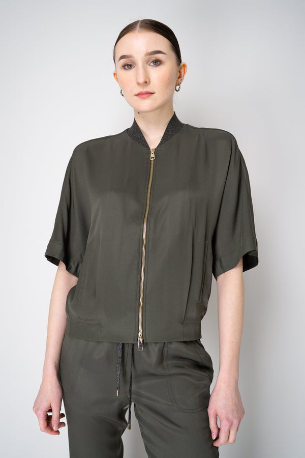 Lorena Antoniazzi Silk Viscose Short Sleeve Shirt Jacket in Olive Green Vancouver. Shop Online or in Store.