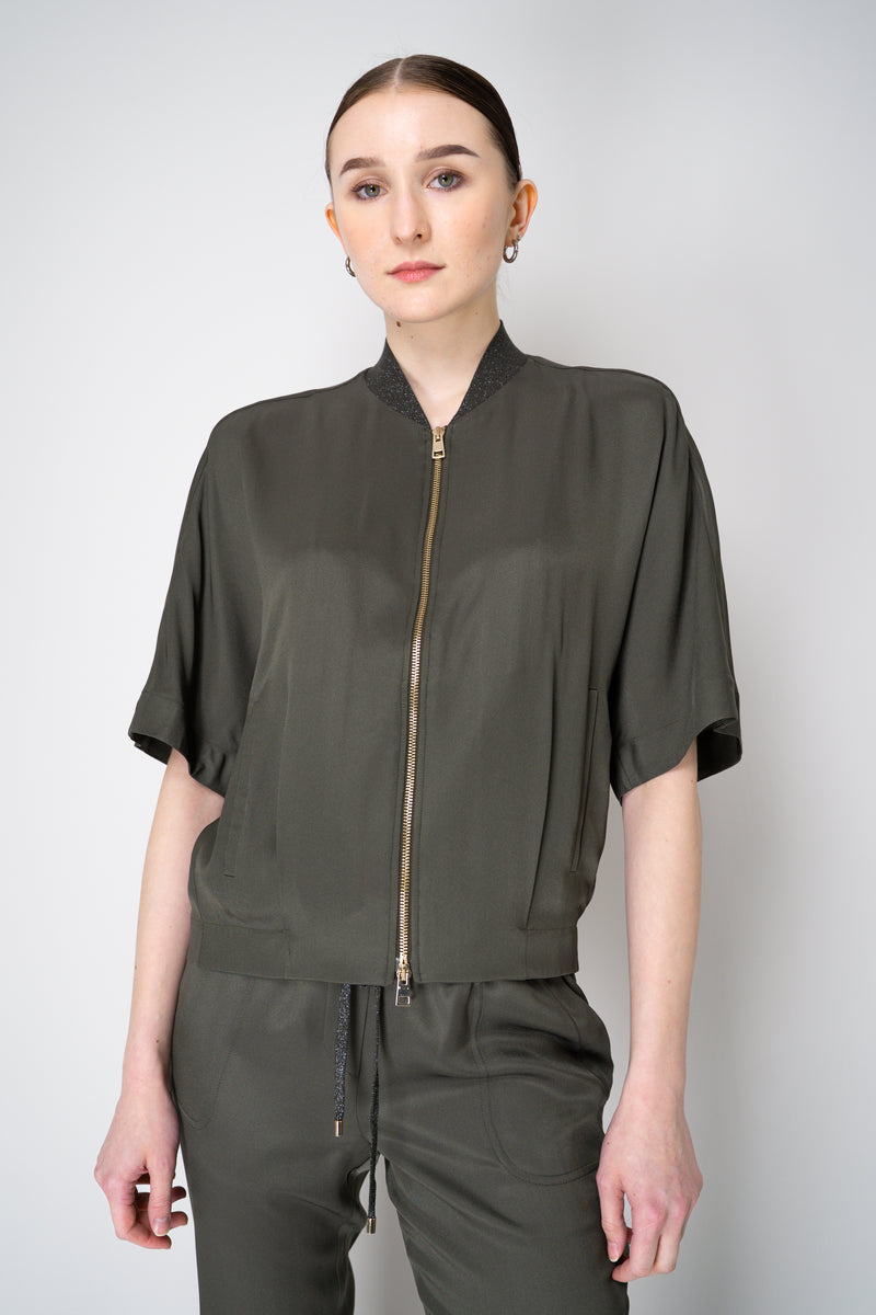 Lorena Antoniazzi Silk Viscose Short Sleeve Shirt Jacket in Olive Green Vancouver. Shop Online or in Store.
