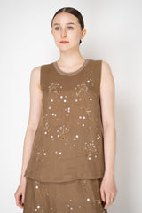 Lorena Antoniazzi Sleeveless Ramie Top with Floral Beading Embroidery in Terracotta Brown Vancouver. Shop Online or in Store.