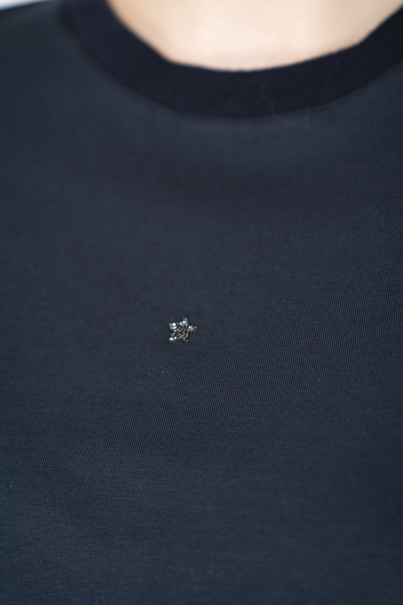 Lorena Antoniazzi Stretch Cotton Short Sleeve Top in Navy Vancouver. Shop Online or in Store.