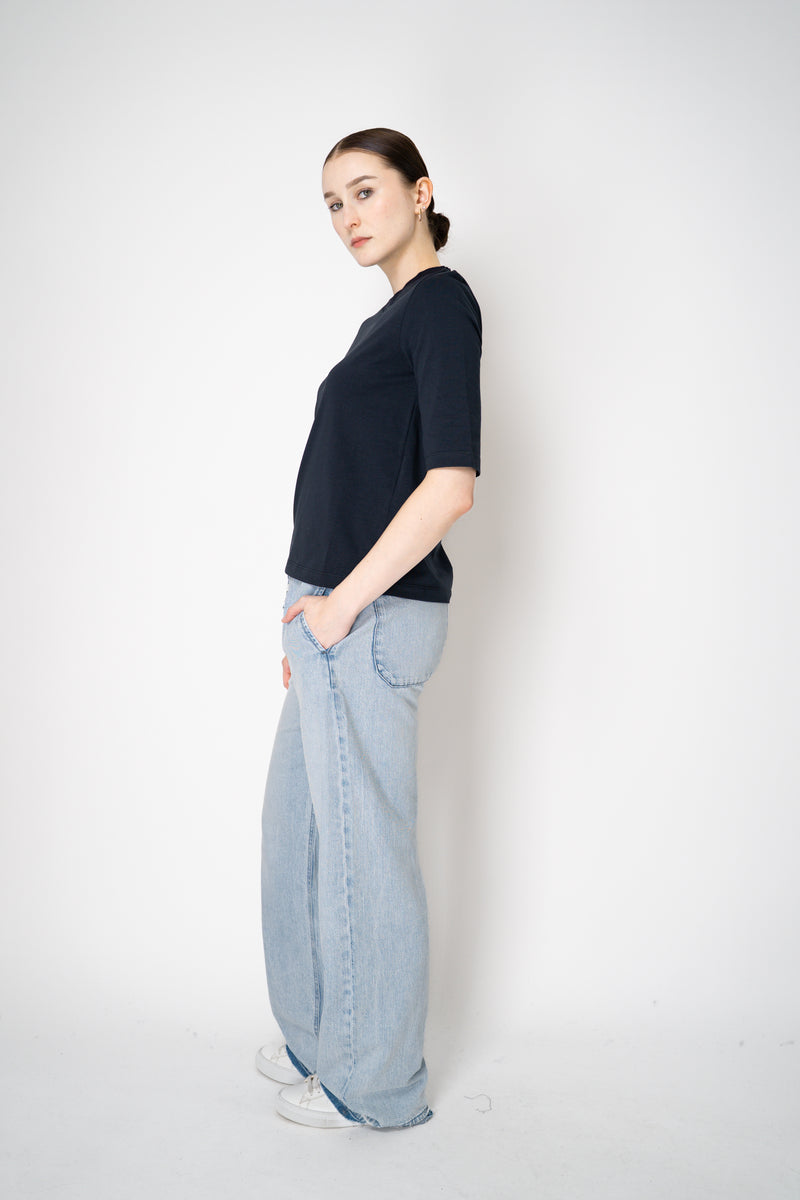 Lorena Antoniazzi Stretch Cotton Short Sleeve Top in Navy Vancouver. Shop Online or in Store.