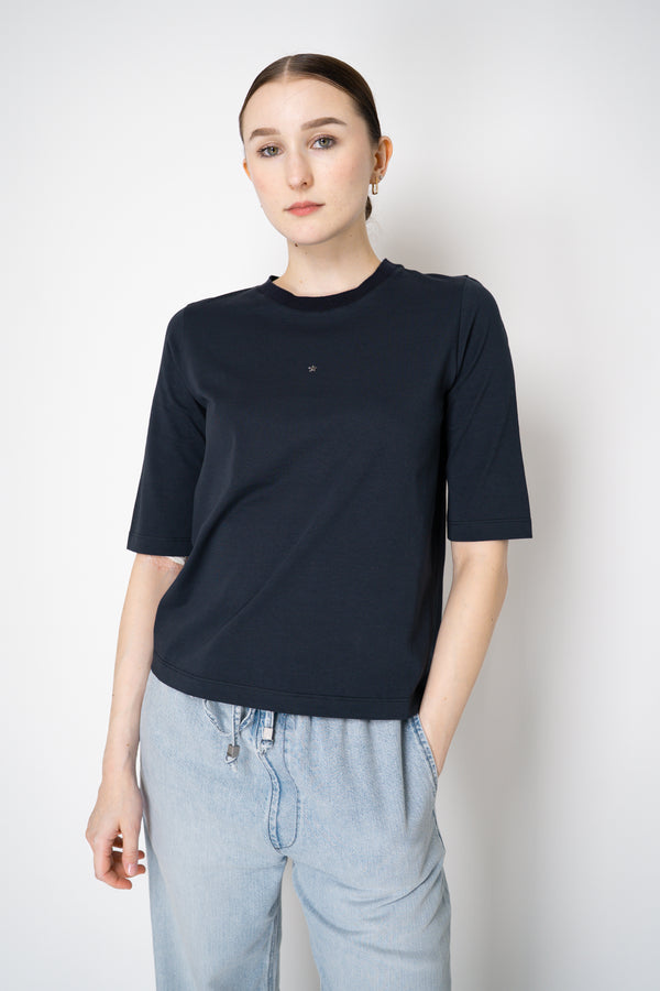 Lorena Antoniazzi Stretch Cotton Short Sleeve Top in Navy Vancouver. Shop Online or in Store.