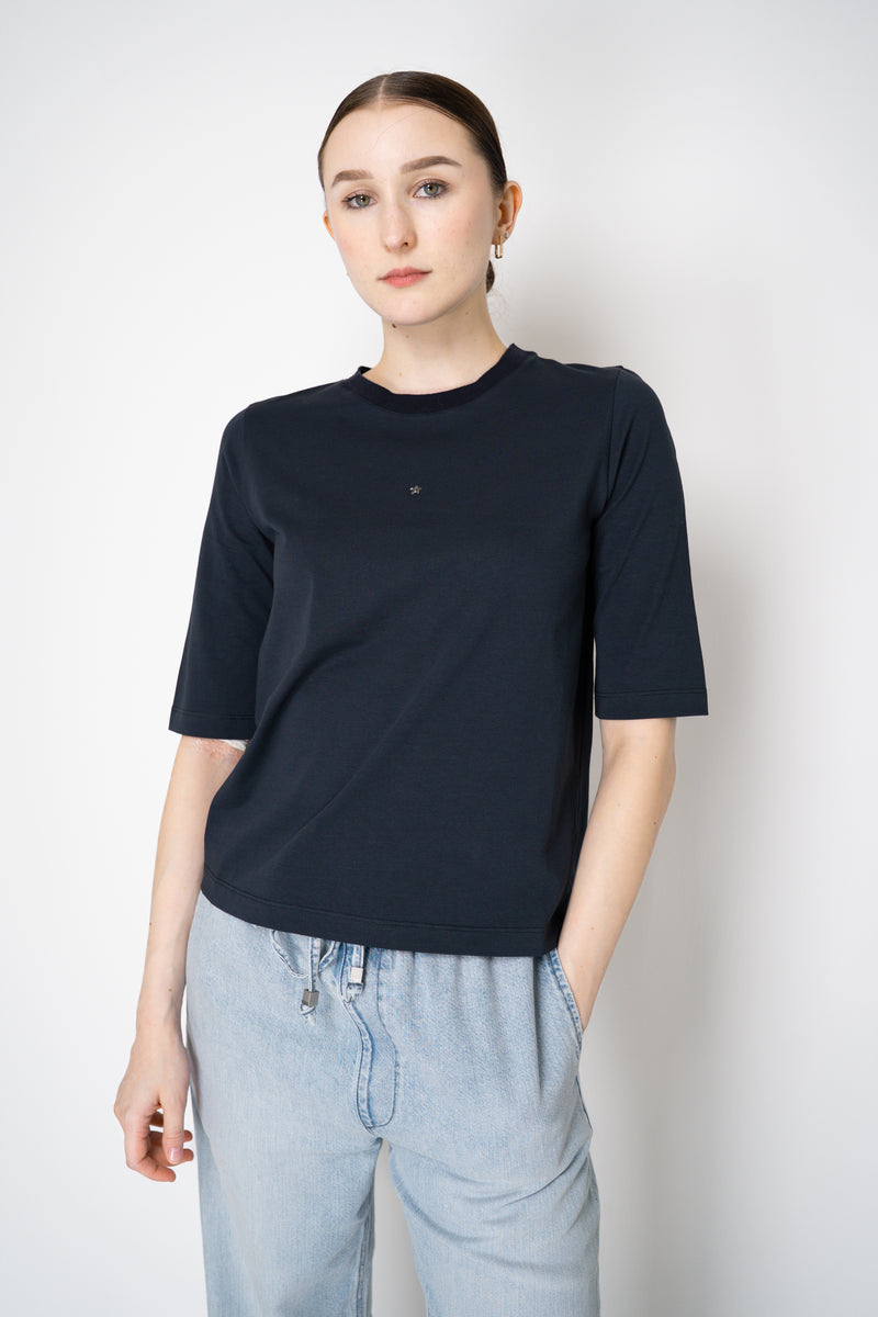 Lorena Antoniazzi Stretch Cotton Short Sleeve Top in Navy Vancouver. Shop Online or in Store.