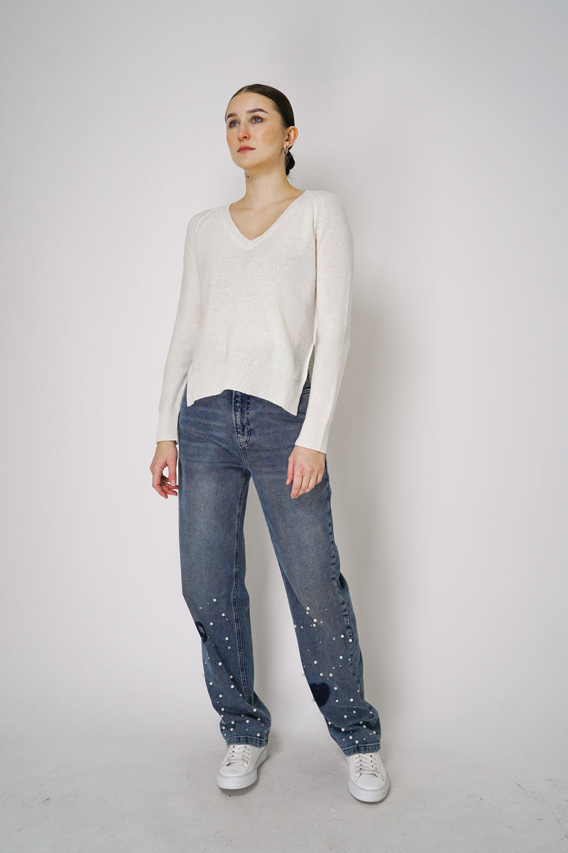 Lorena Antoniazzi Subtle Sparkle Cashmere Blend Knitted Pullover in Off-White Vancouver. Shop Online or in Store. 
