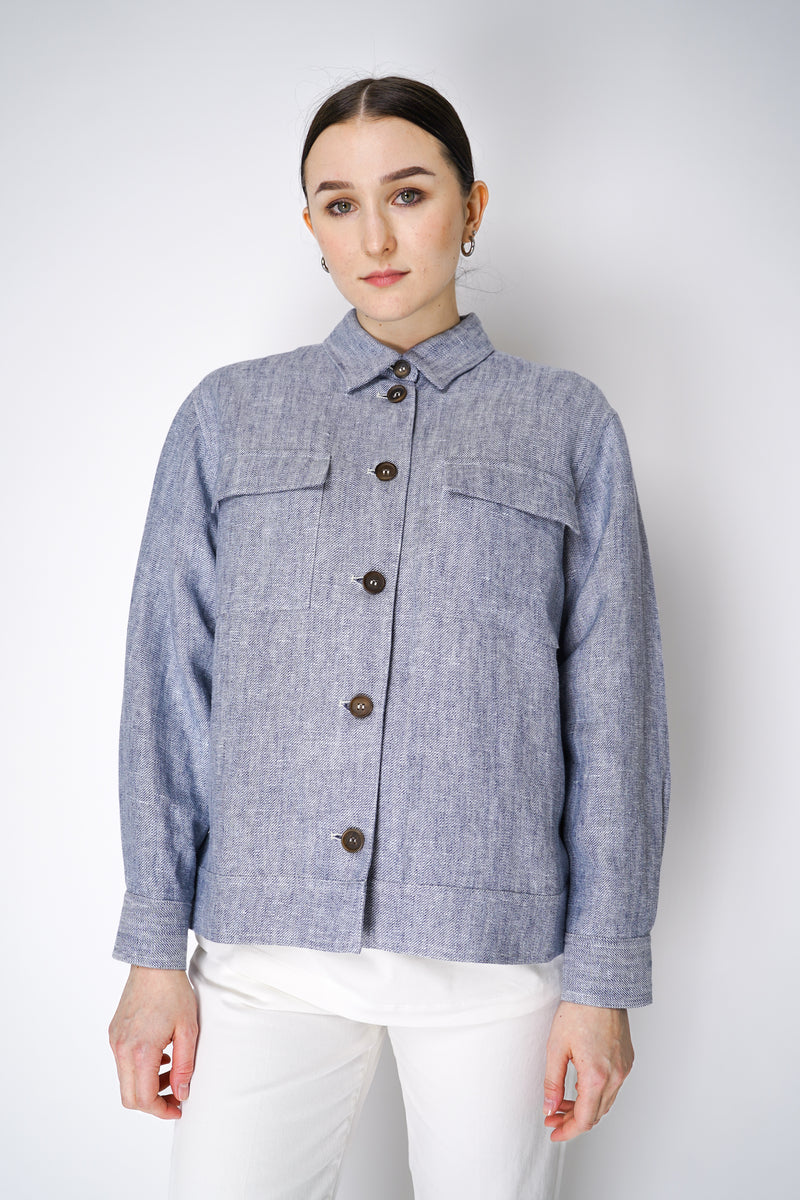 Lorena Antoniazzi Textured Linen Shirt Jacket in Blue Melange Vancouver. Shop Online or in Store.