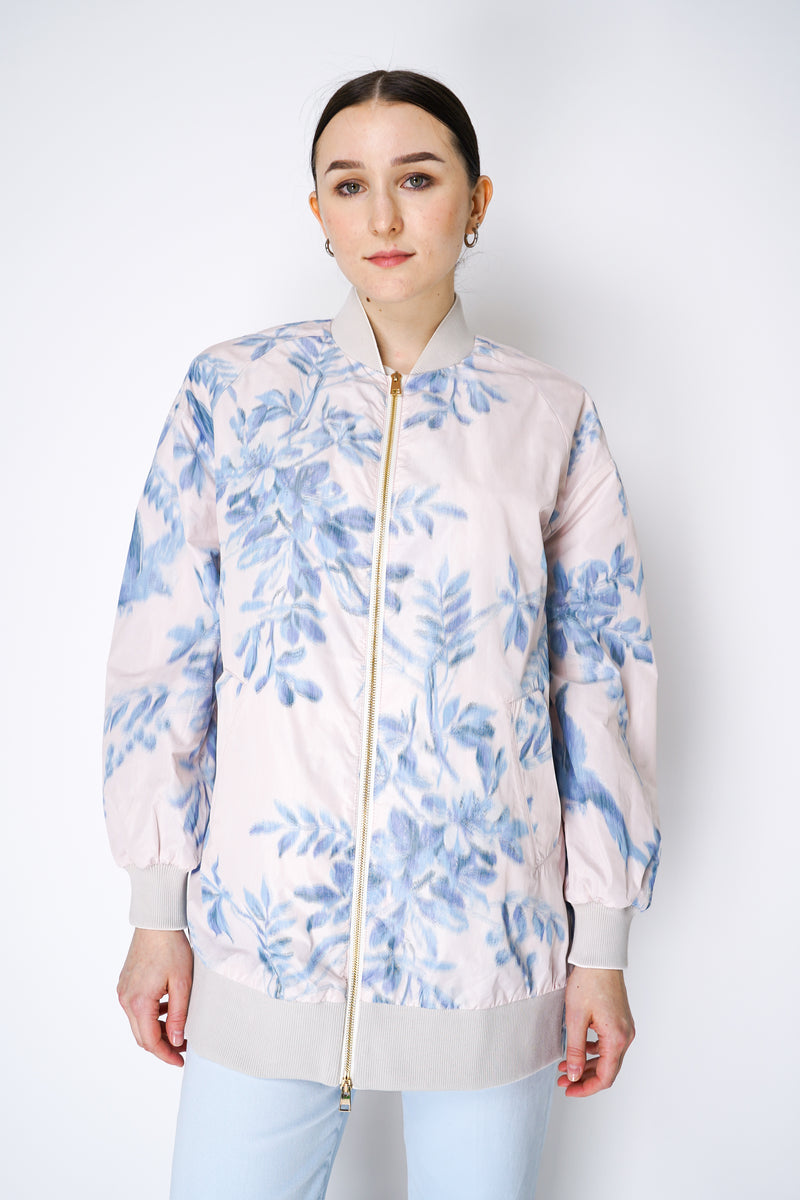 Lorena Antoniazzi Tropical Print Taffeta Bomber Jacket in Pastel Pink Vancouver. Shop Online or in Store.