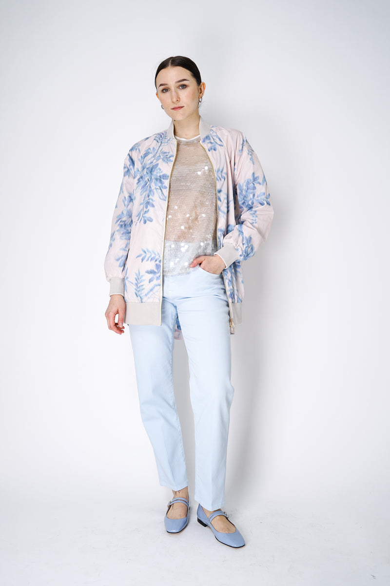 Lorena Antoniazzi Tropical Print Taffeta Bomber Jacket in Pastel Pink Vancouver. Shop Online or in Store.