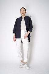 Lorena Antoniazzi Tropical Wool Pin-Stripe Track Jacket in Navy Vancouver. Shop Online or in Store.