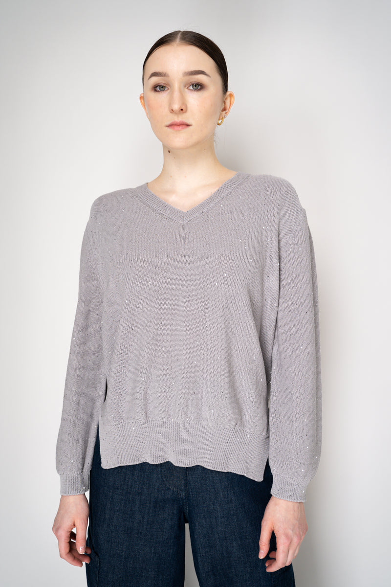 Lorena Antoniazzi V-Neck Knit Pullover with All Over Sequins in Grey Vancouver. Shop Online or in Store