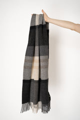 Lorena Antoniazzi Virgin Wool Fringed Plaid Scarf in Grey and Beige Hues Vancouver. Shop Online or in Store.
