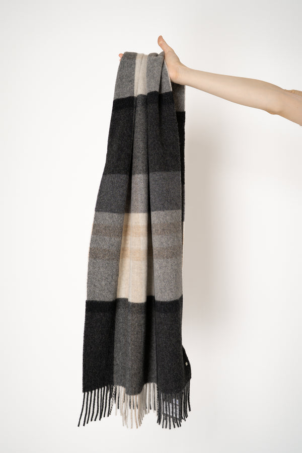Lorena Antoniazzi Virgin Wool Fringed Plaid Scarf in Grey and Beige Hues Vancouver. Shop Online or in Store.