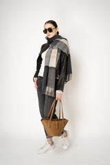 Lorena Antoniazzi Virgin Wool Fringed Plaid Scarf in Grey and Beige Hues Vancouver. Shop Online or in Store.