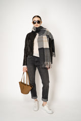 Lorena Antoniazzi Virgin Wool Fringed Plaid Scarf in Grey and Beige Hues Vancouver. Shop Online or in Store.