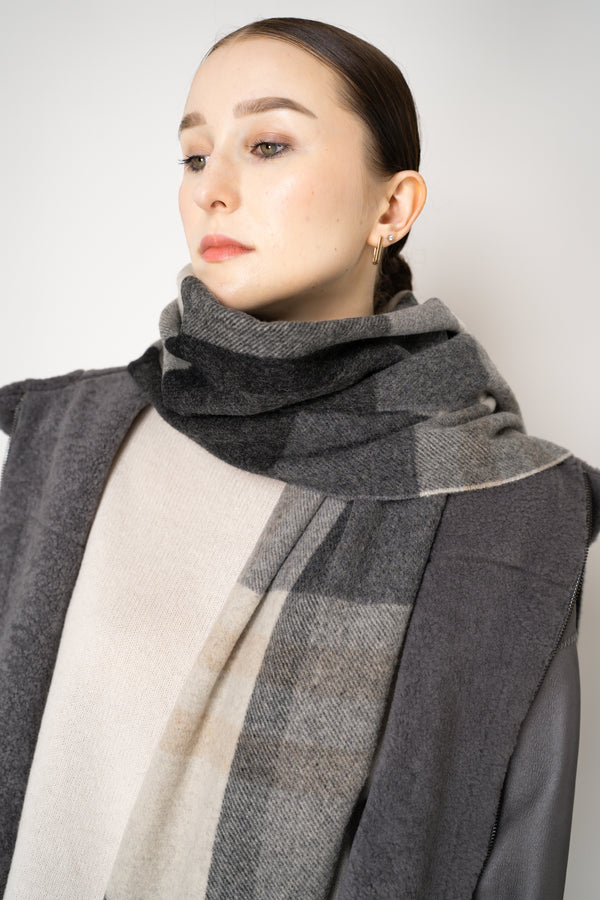 Lorena Antoniazzi Virgin Wool Fringed Plaid Scarf in Grey and Beige Hues Vancouver. Shop Online or in Store.