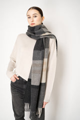 Lorena Antoniazzi Virgin Wool Fringed Plaid Scarf in Grey and Beige Hues Vancouver. Shop Online or in Store.