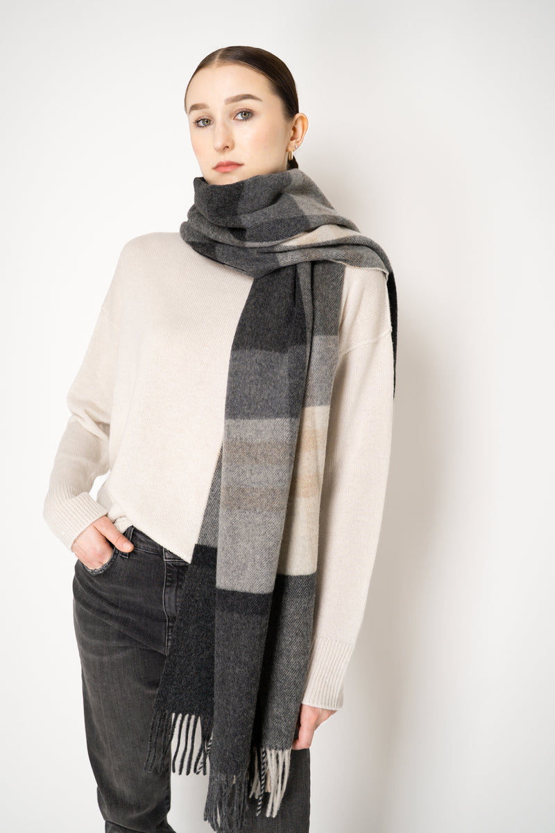Lorena Antoniazzi Virgin Wool Fringed Plaid Scarf in Grey and Beige Hues Vancouver. Shop Online or in Store.