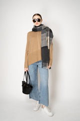 Lorena Antoniazzi Virgin Wool Fringed Plaid Scarf in Grey and Beige Hues Vancouver. Shop Online or in Store.