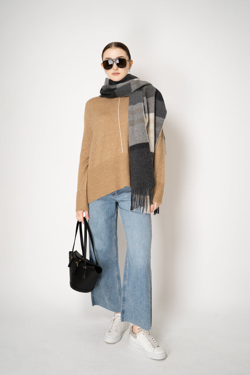 Lorena Antoniazzi Virgin Wool Fringed Plaid Scarf in Grey and Beige Hues Vancouver. Shop Online or in Store.