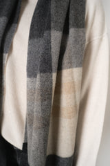 Lorena Antoniazzi Virgin Wool Fringed Plaid Scarf in Grey and Beige Hues Vancouver. Shop Online or in Store.
