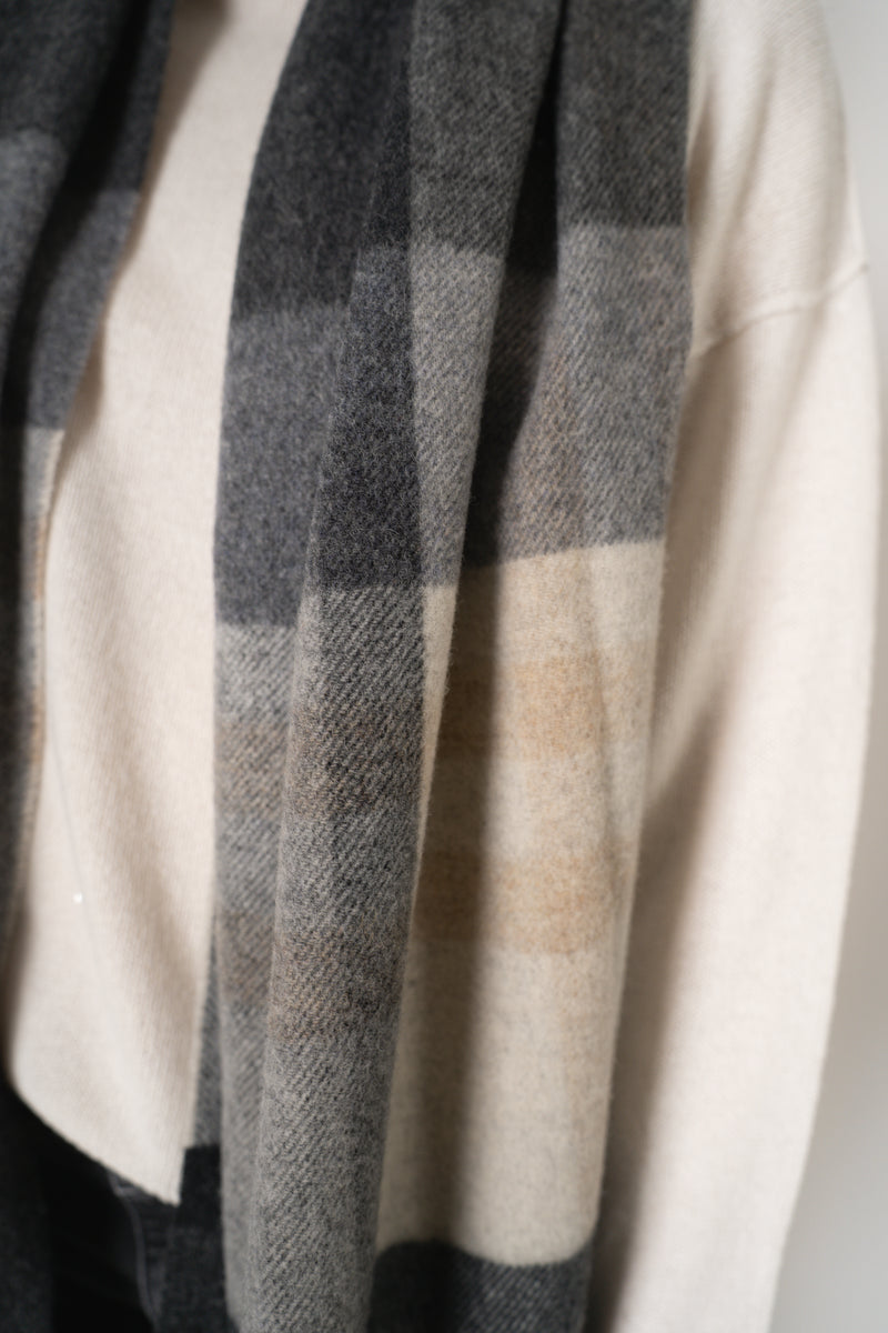Lorena Antoniazzi Virgin Wool Fringed Plaid Scarf in Grey and Beige Hues Vancouver. Shop Online or in Store.